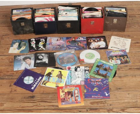 Five single record cases with contents of assorted rock and pop vinyl singles to include Bee Gees, Elvis Presley, David Bowie