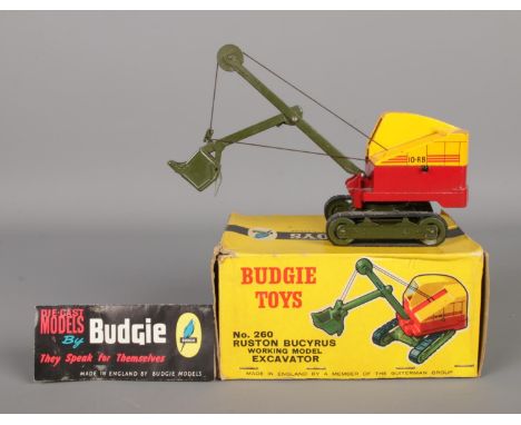 A boxed Budgie Toys die-cast vehicle; No. 260 Ruston Bucyrus tracked excavator 10-RB in a red/yellow cab with olive green fra