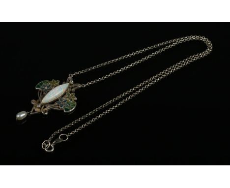An Arts &amp; Crafts Opal silver pendant necklace, it's a combination of an opal with a enamel floral design and a hanging pe