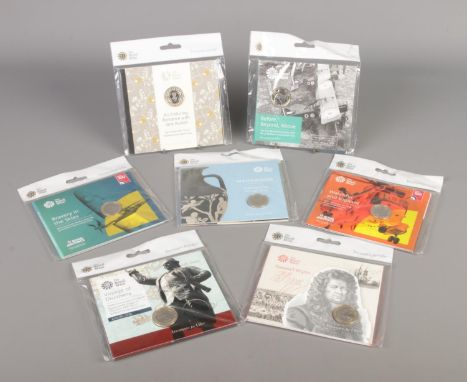 Seven sleeves of Royal Mint uncirculated £2 coins in card, including Jane Austen 2017, Wedgwood, Samuel Pepys and Bravery in 