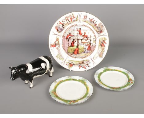 A collection of animal themed ceramics to include Beswick CH Coddington Hilt Bar bull, Adderley Ware John Peel plates and a b