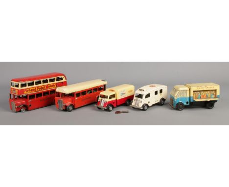 A collection of Tri-ang Minic and Chad Valley tin plate vehicles. To include 'Mac's Snacks' buffet car, London Transport doub