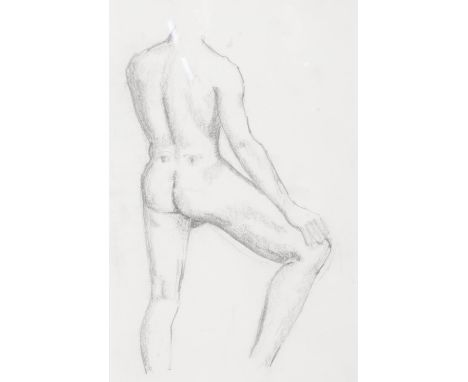A framed pencil sketch study of a nude male. Unsigned. Height: 28cm, Width: 18cm.