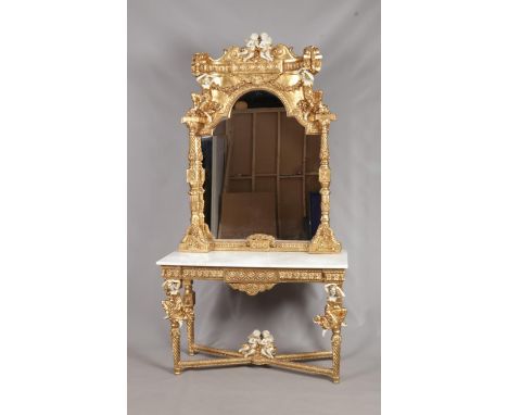 A Rococo style gilt wood console table and mirror, with white marble top and figural decoration. The console table with X-Fra