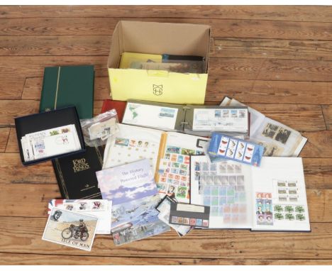 A box of assorted stamps and first day covers to include used, unused and presentation pack issues. Examples include Stanley 