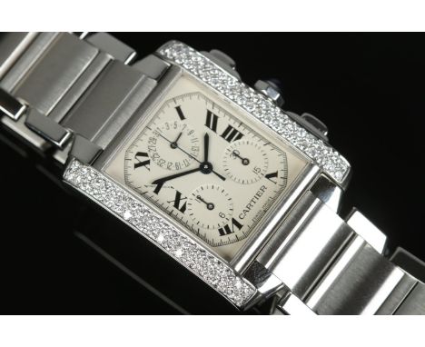 A diamond set stainless steel Cartier tank Francaise chronograph wristwatch. Ref. 2303, no. BB107579. Width 2.8cm without cro