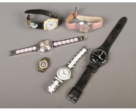 Six Swatch wristwatches including a Swatch Irony chronograph