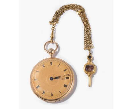 Gold-Taschenuhr mit Viertelrepetition, um 1830Guillochiertes Goldgehäuse, 55 mm. Staubdeckel aus vergoldetem Metall. Innen am