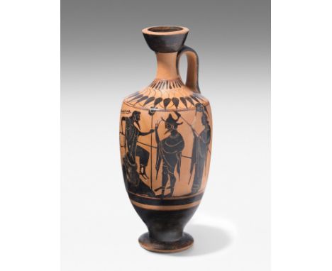 Lekythos der Phanyllis-GruppeAttisch, um 510 v. Chr. Schwarzfigurig. Von einem Maler der Phanyllis-Gruppe. Bärtiger Paris auf