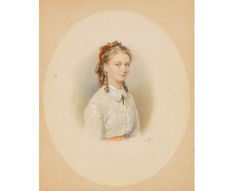 Kriehuber, Josef(1800 Wien 1876)Portrait eines Mädchens mit dunkelblondem, gelocktem Haar und weisser Rüschenbluse. Aquarell,