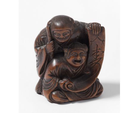 Holz-NetsukeJapan, Meiji-Zeit. Netsuke der lachenden Unsterblichen Hehe Erxian. Signiert Akiyama. H 4,5 cm.