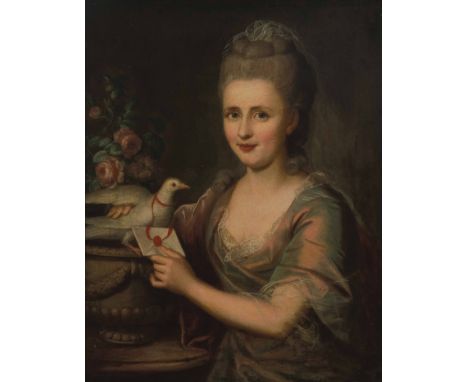 Handmann, Emanuel (Basel 1718–1781 Bern)Portrait einer jungen Frau mit hochgestecktem, blondem Haar. Die rechte Hand auf eine