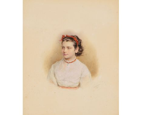 Kriehuber, Josef (1800 Wien 1876)Portrait eines Mädchens mit dunkelbraunem, gelocktem Haar und weisser Bluse. Aquarell, 1871.