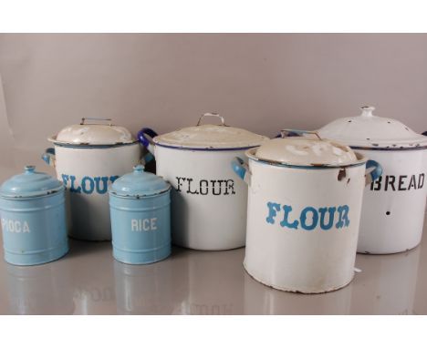Six vintage enamel food storage pots, inlcuding three labelled flour, one pierced example for bread, 33cm high, and two small