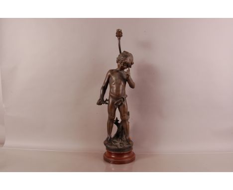 A Victorian period figural lamp base after Moreau, 64cm, on red marble base with label marked Charmeaur, AF