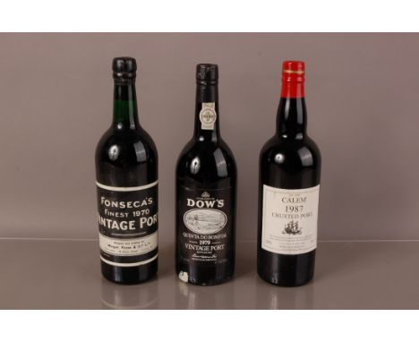 Three vintage bottles of Port, including a Dow's 1979 (bottled 1981, a Calem (Ca'lem) 1897, and a Foncesca's 1970 example, ap