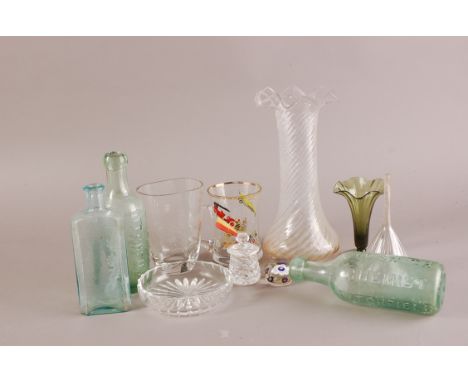 Two vintage Chemist galss bottles by W.O.Smith,  together with a selection of glassware, including an etched glass vase by J 