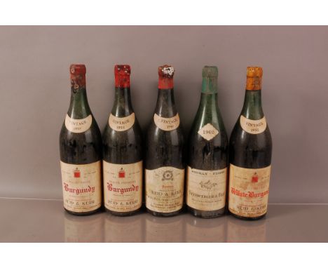 Five vintage bottles of French wine, including a Burgandy 1955 and 1957, a white Burgandy 1955, a 1949 Beaune, and a Pouilly 