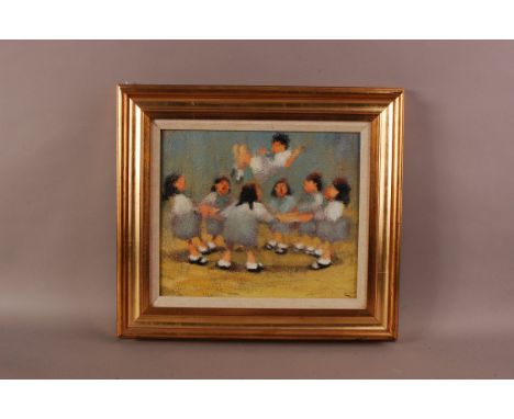 Leonard Creo (Born 1923), 29cm by 34cm, oil on canvas, Rong A Rosie, scene of school girls playing, signed Creo, with letter 