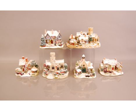 Six modern limited edition Lilliput Lane winter buildings, including Christmas Eve, 28cm wide, Christmas Shopping, The Three 
