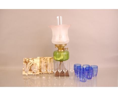 A Victorian oil lamp and other items, also two Minton tiles, two sets of six glasses, a cordial glass, and a liquor glass