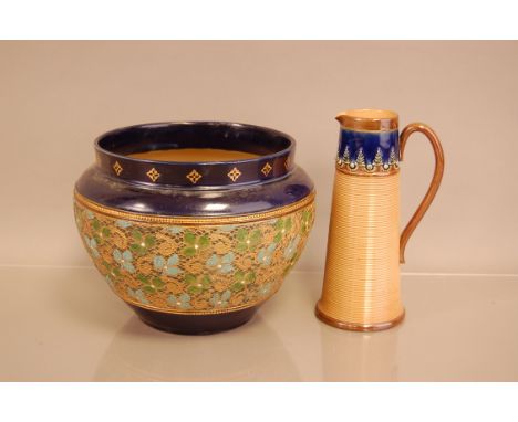 A Royal Doulton stoneware planter, together with Royal Doulton jug, 21cm, chip to rim (2)