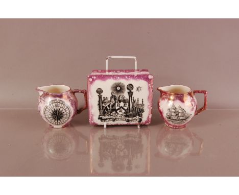 A late Victorian Sunderland lustre pottery Masonic themed covered box, 13cm, together with two Sunderland pottery lustre naut