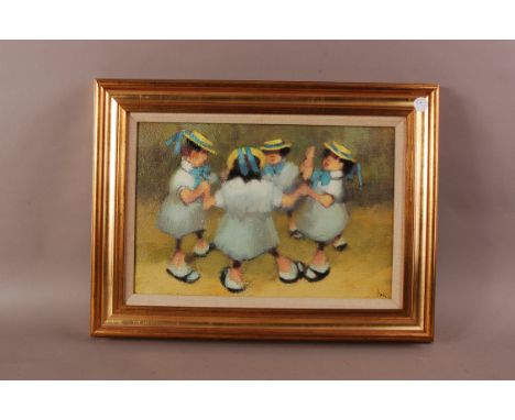 Leonard Creo (Born 1923), 29cm by 44cm, oil on canvas, Four School Girls Playing, signed, framed, sold with leaflet from Madd