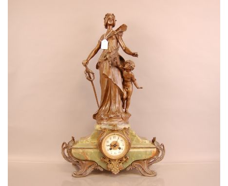 A large Art Nouveau period bronzed spelter and marble mantle clock, 72cm, with figure of Liberty and young child mounted abov