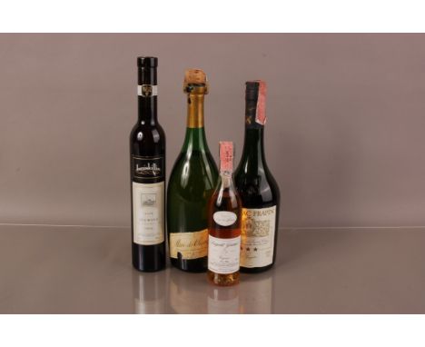 Four bottles of vintage and modern alcohol, including an Inniskillin Ice Wine, a small Leopard Gormel, a Marc de Champagne (M