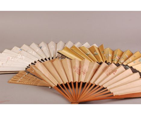 An assortment of vintage hand fans, including, ivory, bone and wooden examples, mainly silk with floral decoration, some AF