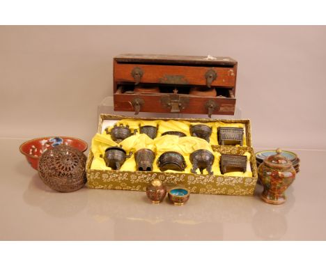 A vintage set of Chinese scales in two drawer cabinet, together with two modern sets of ancient Chinese artefacts, a cloisonn