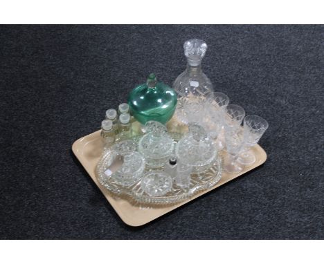 A tray of assorted glass ware including a glass Art Deco trinket set, cut glass decanter with glasses, four antique glass spi