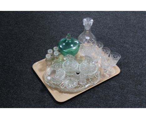 A tray of assorted glass ware including a glass Art Deco trinket set, cut glass decanter with glasses, four antique glass spi