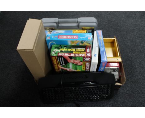 A box containing cased child's microscope and anatomy kit, tin plate Tonka truck, two mirrors, board game, jig saw, computer 