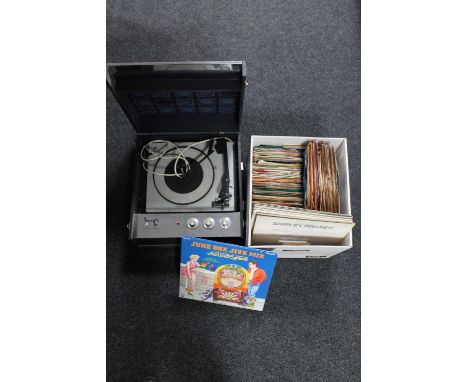 A mid 20th century Dansette table top record player together with a box containing a small quantity of LP's, 78's and 45 sing