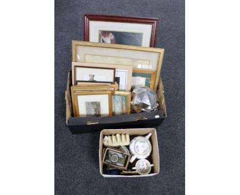 A box containing a large quantity of assorted framed pictures, prints, oil on board, colour etchings, a further box containin