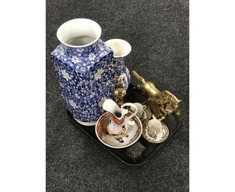 A tray of oriental china, brass figure of a horse, pair of brass candlesticks and a metal trinket box 