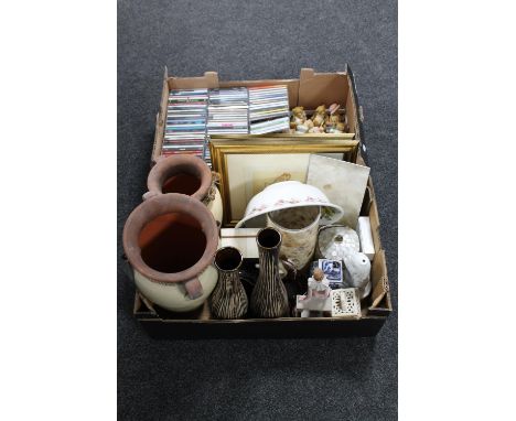 Two boxes containing contemporary vases, figurines, lidded trinket pots together with a small quantity of Cherished Teddies, 