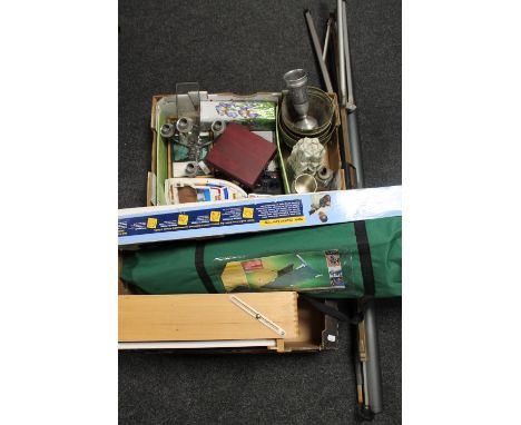 Two boxes of miscellaneous items including artist's box, child's acoustic guitar, camp bed in carry bag, projector screen etc