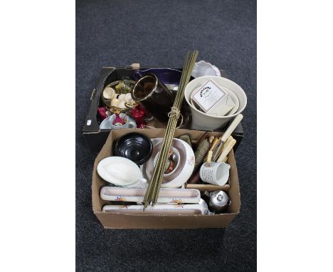 Two boxes containing table cutlery, Poole pottery, brass stair rods (no fittings), miscellaneous china etc 