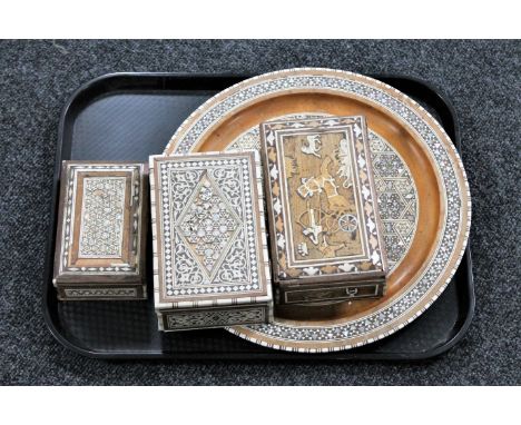 A tray of Indian mother of pearl inlaid plate, two trinket boxes and an Egyptian trinket box 