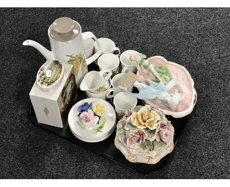 A tray of studio J &amp; G Meakin coffee set, two Art Deco pottery figures, a Royal Cauldon china tea caddy etc 