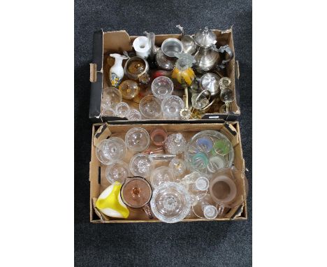 Two boxes of assorted glass ware - decanter, paperweights, Art Deco trinket set and a plated tea service 