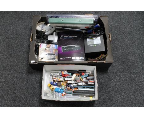 A box containing assorted electricals including, mobile phones, mini speakers etc together with a further box containing a sm