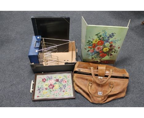 A box containing a mid 20th century metal record holder together with a record case, a tapestry tray, an early 20th century m