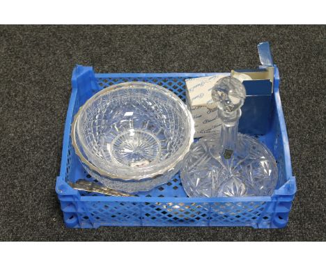 A lead crystal decanter with stopper, cut glass bowls, two boxed crystal ornaments, plated servers 