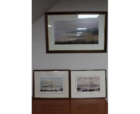 Three framed I. Lindsay prints; Tynemouth Long Sands, Reflections of St. Mary's and Holy Island, two signed in pencil 
