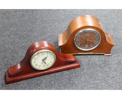 A walnut cased Art Deco Bentima mantel clock together with one other contemporary mantel clock  