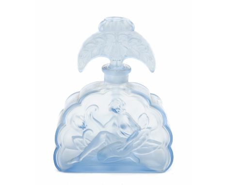 An Art Deco molded glass perfume bottle, the satin frosted glass, modelled in relief with a woman and flowers within a starbu